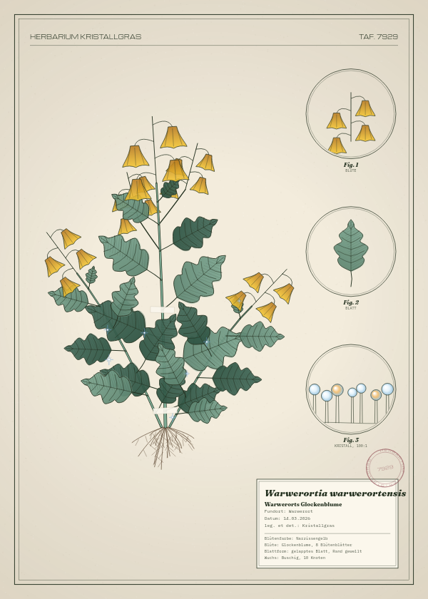 Botanische Tafel: Warwerortia warwerortensis, eine erfundene Pflanze aus Warwerort, gezeichnet wie in einem alten Pflanzenatlas