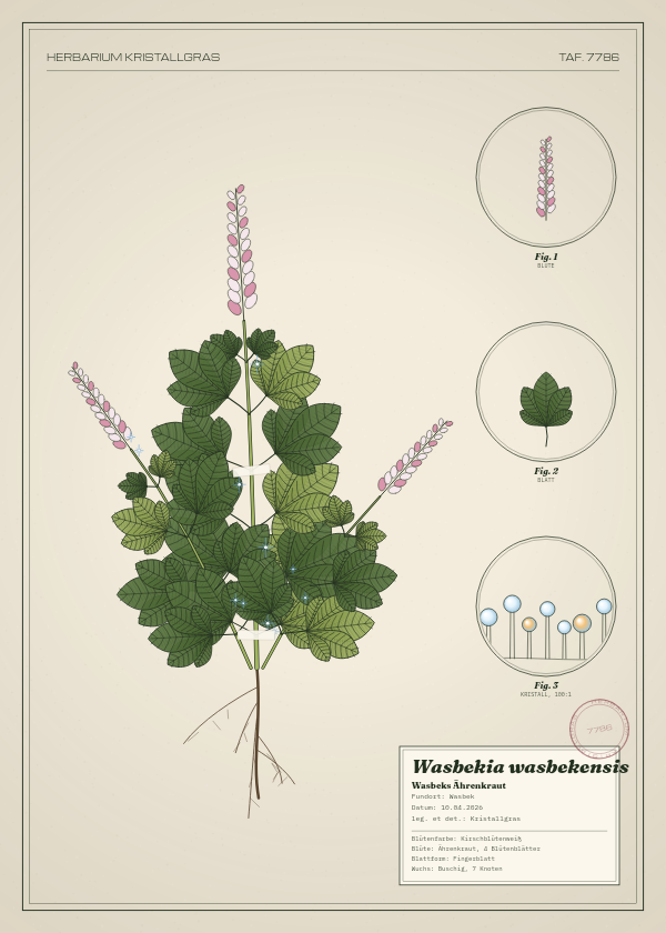 Botanische Tafel: Wasbekia wasbekensis, eine erfundene Pflanze aus Wasbek, gezeichnet wie in einem alten Pflanzenatlas