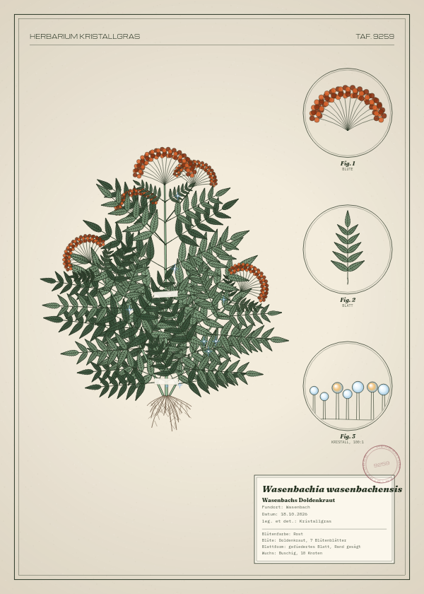 Botanische Tafel: Wasenbachia wasenbachensis, eine erfundene Pflanze aus Wasenbach, gezeichnet wie in einem alten Pflanzenatlas