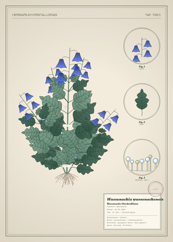 Botanische Tafel: Wassenachia wassenachensis, eine erfundene Pflanze aus Wassenach, gezeichnet wie in einem alten Pflanzenatlas