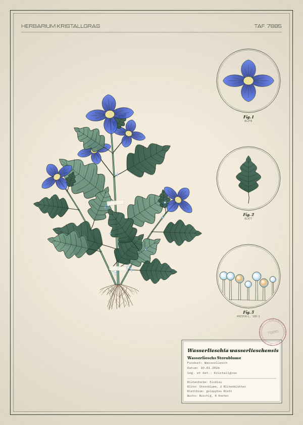 Botanische Tafel: Wasserlieschia wasserlieschensis, eine erfundene Pflanze aus Wasserliesch, gezeichnet wie in einem alten Pflanzenatlas