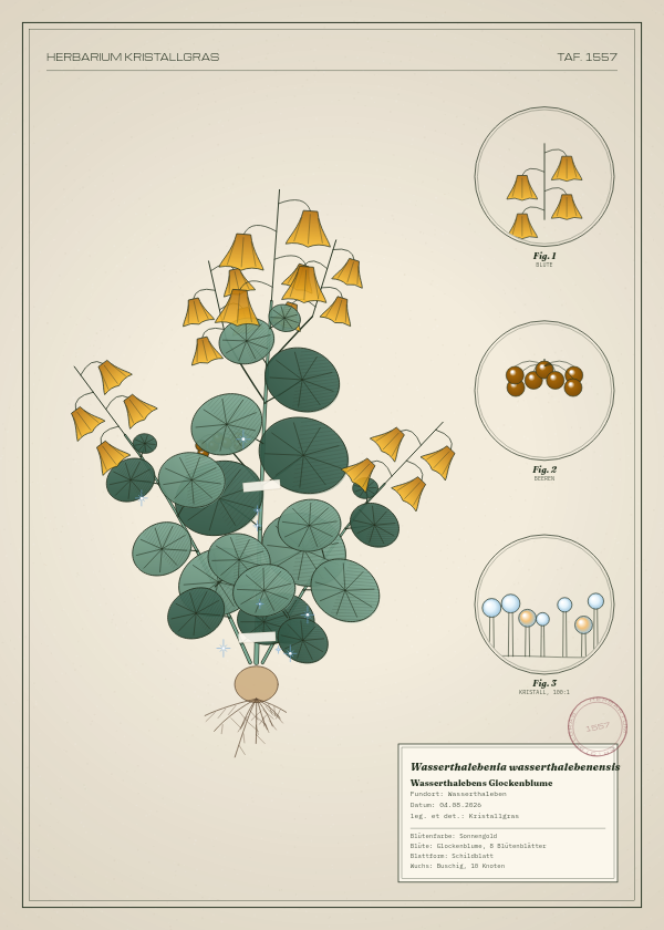 Botanische Tafel: Wasserthalebenia wasserthalebenensis, eine erfundene Pflanze aus Wasserthaleben, gezeichnet wie in einem alten Pflanzenatlas