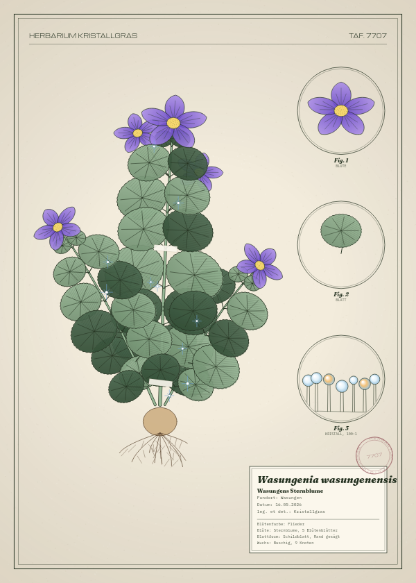 Botanische Tafel: Wasungenia wasungenensis, eine erfundene Pflanze aus Wasungen, gezeichnet wie in einem alten Pflanzenatlas
