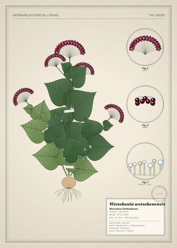Botanische Tafel: Wetschenia wetschenensis, eine erfundene Pflanze aus Wetschen, gezeichnet wie in einem alten Pflanzenatlas