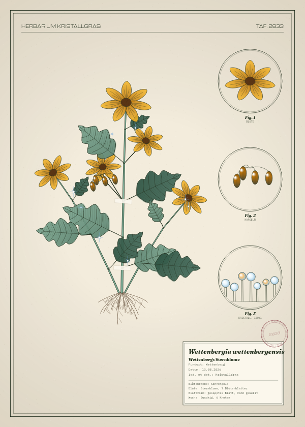 Botanische Tafel: Wettenbergia wettenbergensis, eine erfundene Pflanze aus Wettenberg, gezeichnet wie in einem alten Pflanzenatlas