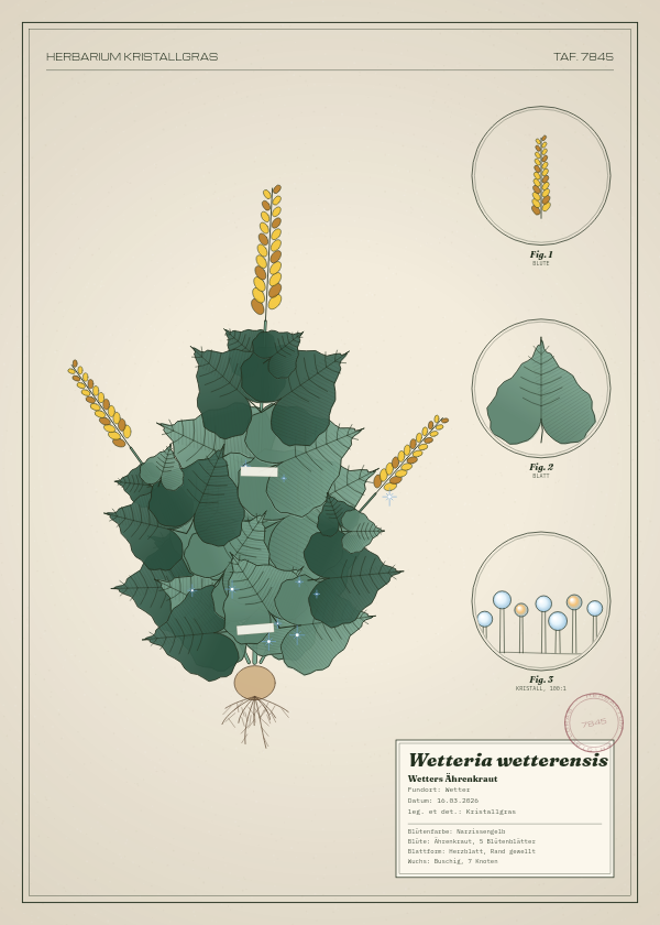 Botanische Tafel: Wetteria wetterensis, eine erfundene Pflanze aus Wetter, gezeichnet wie in einem alten Pflanzenatlas