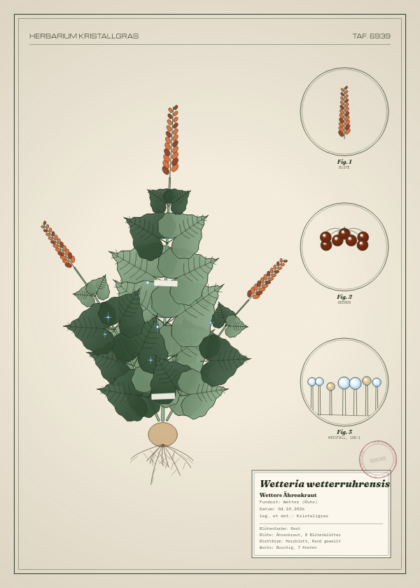 Botanische Tafel: Wetteria wetterruhrensis, eine erfundene Pflanze aus Wetter (Ruhr), gezeichnet wie in einem alten Pflanzenatlas