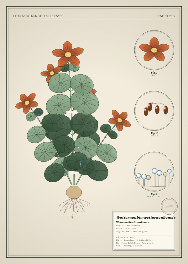Botanische Tafel: Wetterzeubia wetterzeubensis, eine erfundene Pflanze aus Wetterzeube, gezeichnet wie in einem alten Pflanzenatlas