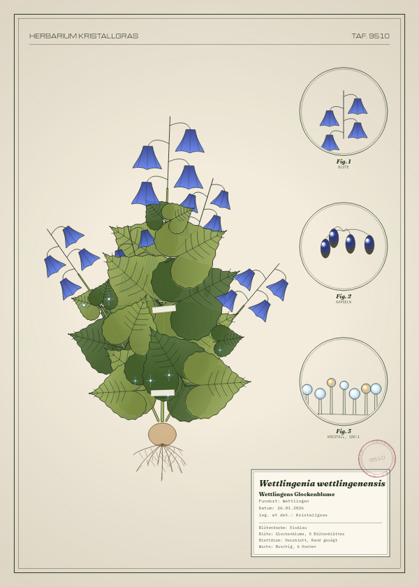 Botanische Tafel: Wettlingenia wettlingenensis, eine erfundene Pflanze aus Wettlingen, gezeichnet wie in einem alten Pflanzenatlas