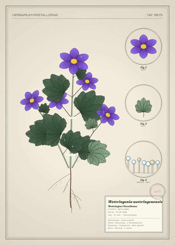 Botanische Tafel: Wettringenia wettringenensis, eine erfundene Pflanze aus Wettringen, gezeichnet wie in einem alten Pflanzenatlas