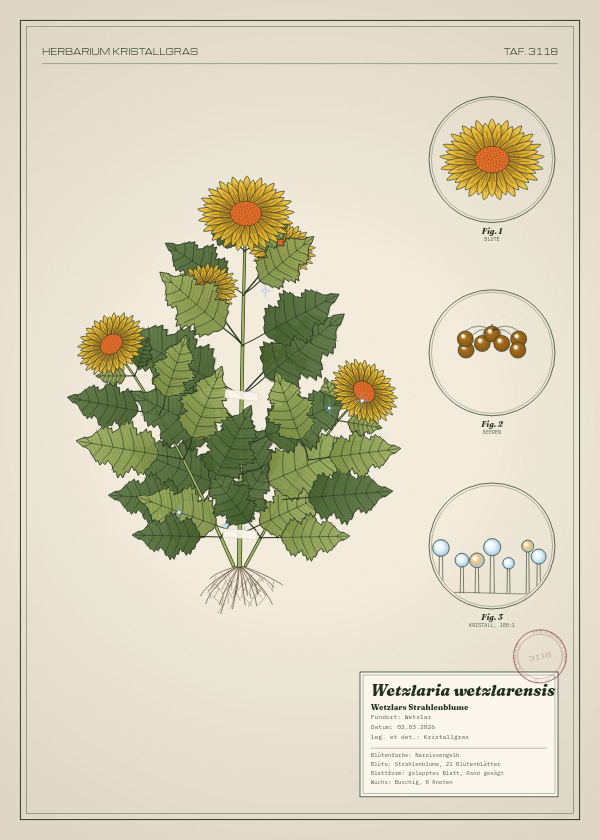 Botanische Tafel: Wetzlaria wetzlarensis, eine erfundene Pflanze aus Wetzlar, gezeichnet wie in einem alten Pflanzenatlas