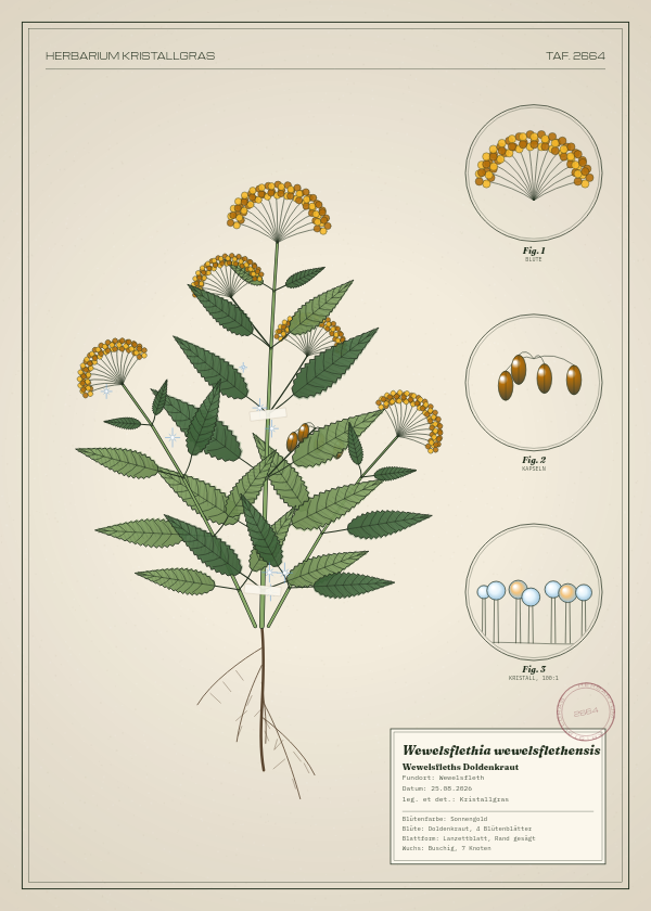 Botanische Tafel: Wewelsflethia wewelsflethensis, eine erfundene Pflanze aus Wewelsfleth, gezeichnet wie in einem alten Pflanzenatlas