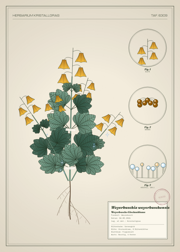 Botanische Tafel: Weyerbuschia weyerbuschensis, eine erfundene Pflanze aus Weyerbusch, gezeichnet wie in einem alten Pflanzenatlas