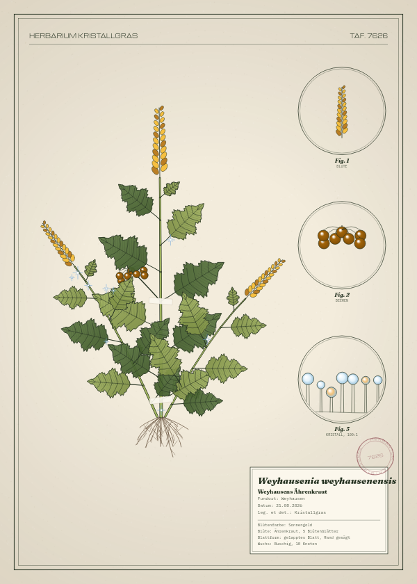 Botanische Tafel: Weyhausenia weyhausenensis, eine erfundene Pflanze aus Weyhausen, gezeichnet wie in einem alten Pflanzenatlas