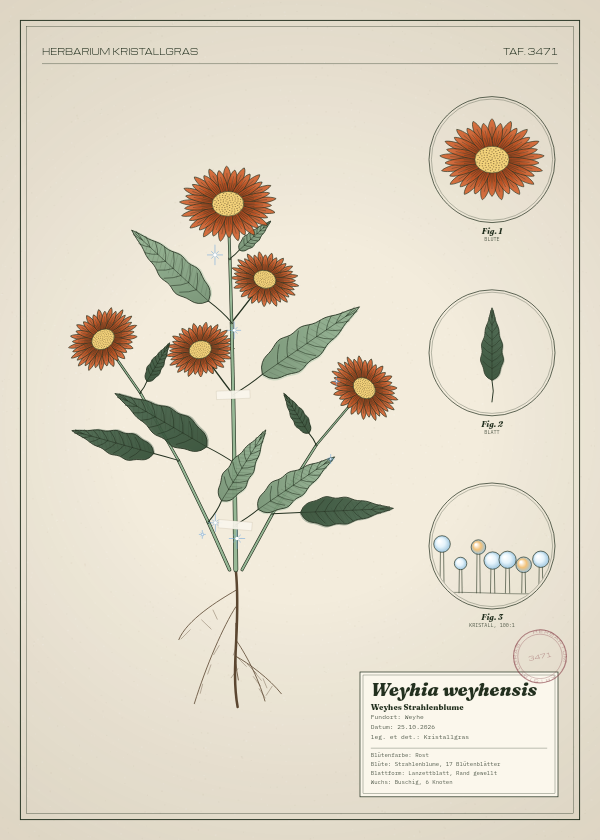 Botanische Tafel: Weyhia weyhensis, eine erfundene Pflanze aus Weyhe, gezeichnet wie in einem alten Pflanzenatlas