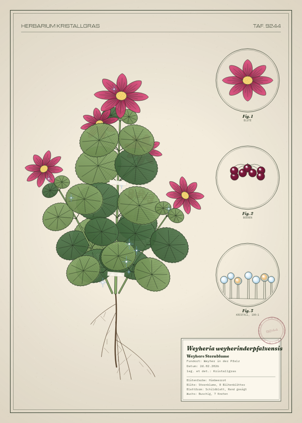 Botanische Tafel: Weyheria weyherinderpfalzensis, eine erfundene Pflanze aus Weyher in der Pfalz, gezeichnet wie in einem alten Pflanzenatlas