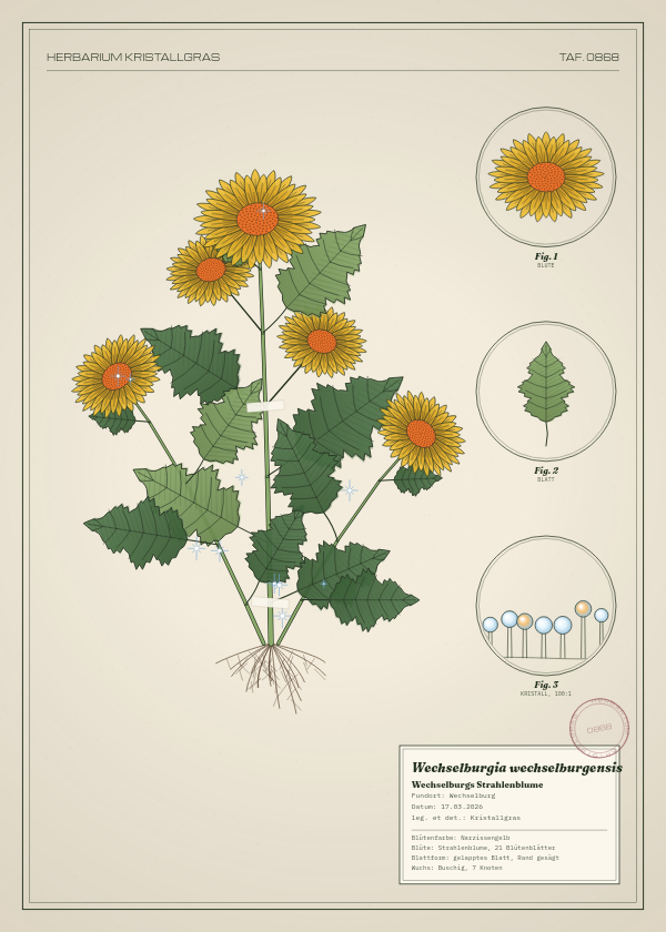 Botanische Tafel: Wechselburgia wechselburgensis, eine erfundene Pflanze aus Wechselburg, gezeichnet wie in einem alten Pflanzenatlas