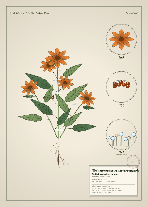 Botanische Tafel: Weddelbrookia weddelbrookensis, eine erfundene Pflanze aus Weddelbrook, gezeichnet wie in einem alten Pflanzenatlas