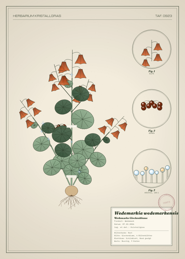 Botanische Tafel: Wedemarkia wedemarkensis, eine erfundene Pflanze aus Wedemark, gezeichnet wie in einem alten Pflanzenatlas