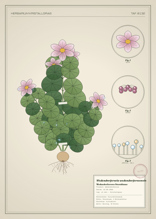 Botanische Tafel: Wedendorferseia wedendorferseensis, eine erfundene Pflanze aus Wedendorfersee, gezeichnet wie in einem alten Pflanzenatlas