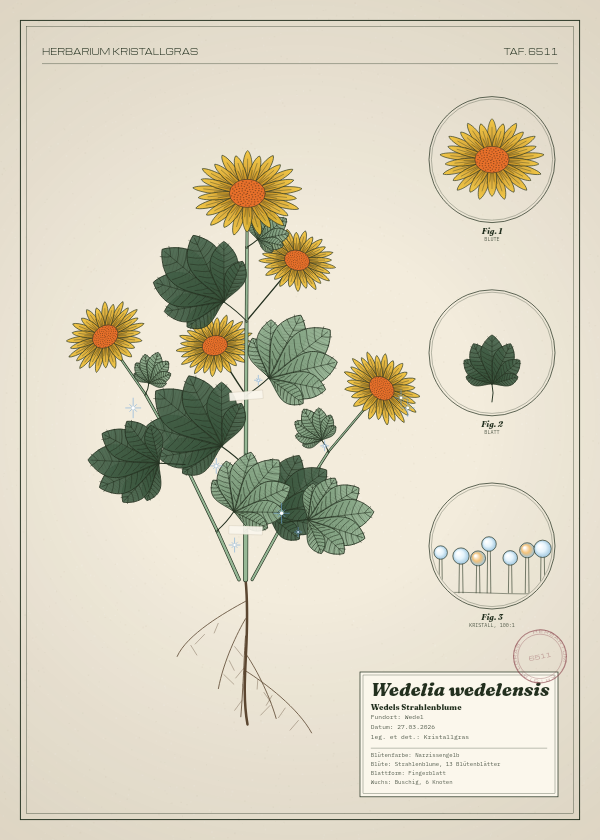 Botanische Tafel: Wedelia wedelensis, eine erfundene Pflanze aus Wedel, gezeichnet wie in einem alten Pflanzenatlas