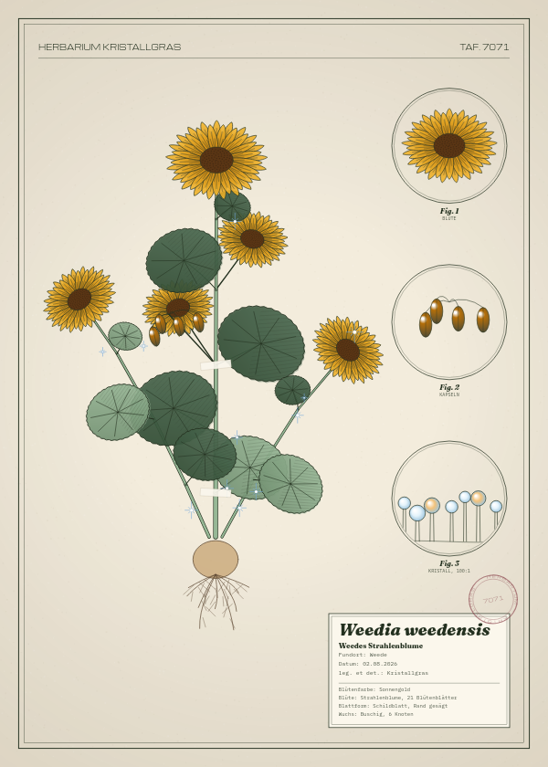 Botanische Tafel: Weedia weedensis, eine erfundene Pflanze aus Weede, gezeichnet wie in einem alten Pflanzenatlas