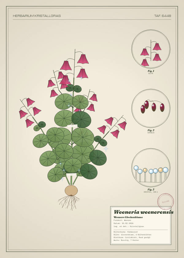 Botanische Tafel: Weeneria weenerensis, eine erfundene Pflanze aus Weener, gezeichnet wie in einem alten Pflanzenatlas