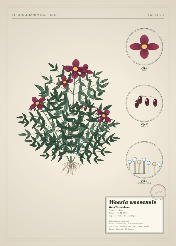 Botanische Tafel: Weesia weesensis, eine erfundene Pflanze aus Wees, gezeichnet wie in einem alten Pflanzenatlas