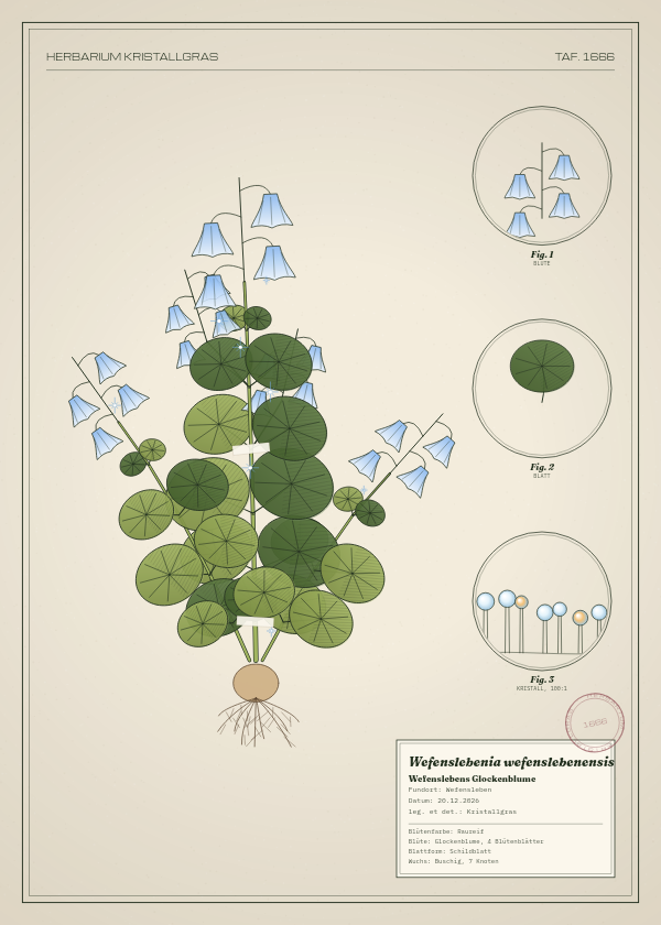 Botanische Tafel: Wefenslebenia wefenslebenensis, eine erfundene Pflanze aus Wefensleben, gezeichnet wie in einem alten Pflanzenatlas