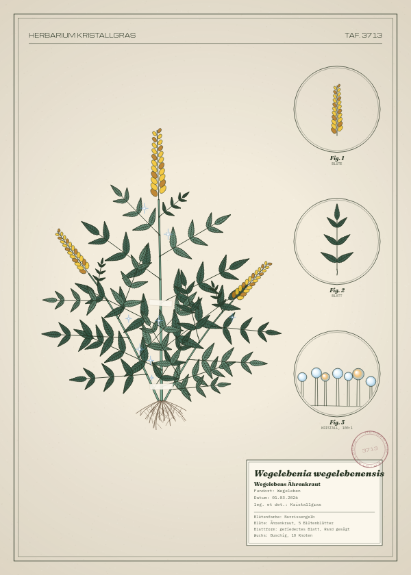 Botanische Tafel: Wegelebenia wegelebenensis, eine erfundene Pflanze aus Wegeleben, gezeichnet wie in einem alten Pflanzenatlas
