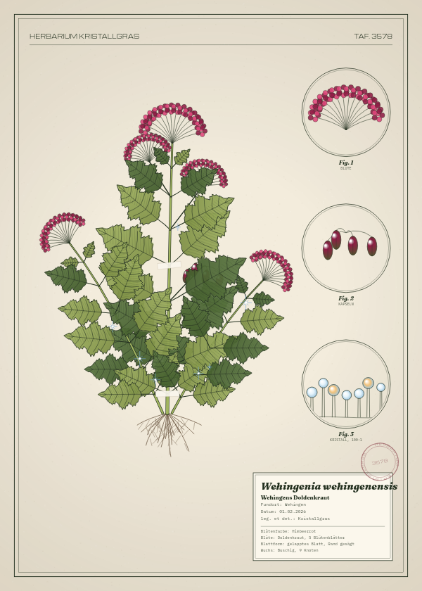 Botanische Tafel: Wehingenia wehingenensis, eine erfundene Pflanze aus Wehingen, gezeichnet wie in einem alten Pflanzenatlas