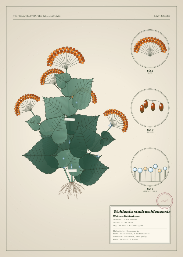 Botanische Tafel: Wehlenia stadtwehlenensis, eine erfundene Pflanze aus Stadt Wehlen, gezeichnet wie in einem alten Pflanzenatlas