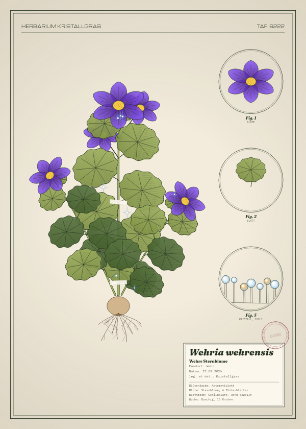 Botanische Tafel: Wehria wehrensis, eine erfundene Pflanze aus Wehr, gezeichnet wie in einem alten Pflanzenatlas