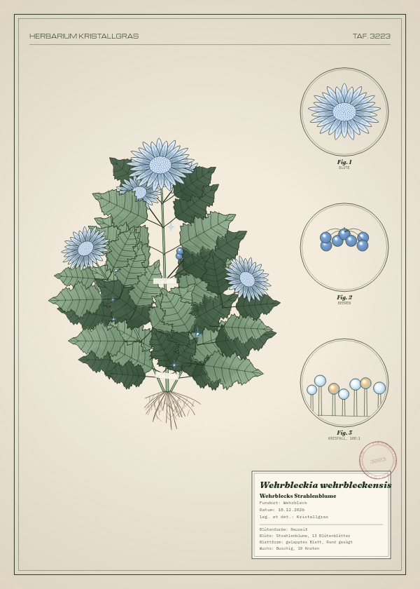 Botanische Tafel: Wehrbleckia wehrbleckensis, eine erfundene Pflanze aus Wehrbleck, gezeichnet wie in einem alten Pflanzenatlas