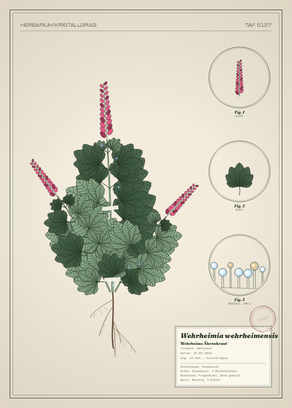 Botanische Tafel: Wehrheimia wehrheimensis, eine erfundene Pflanze aus Wehrheim, gezeichnet wie in einem alten Pflanzenatlas