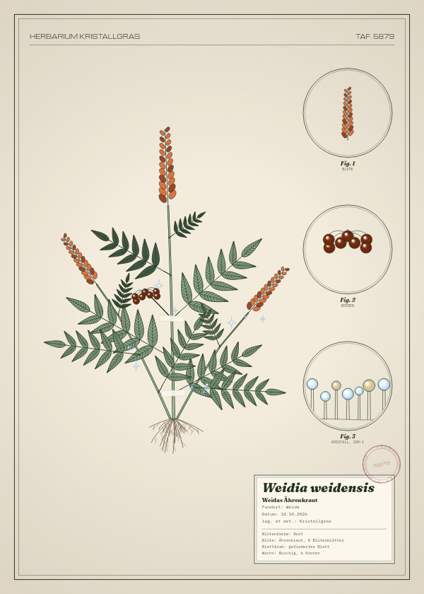 Botanische Tafel: Weidia weidensis, eine erfundene Pflanze aus Weida, gezeichnet wie in einem alten Pflanzenatlas