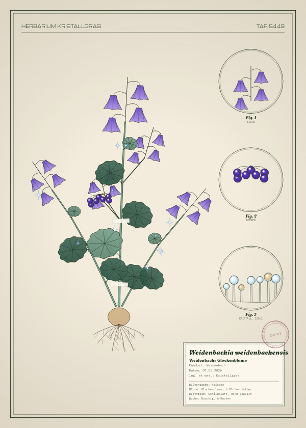 Botanische Tafel: Weidenbachia weidenbachensis, eine erfundene Pflanze aus Weidenbach, gezeichnet wie in einem alten Pflanzenatlas