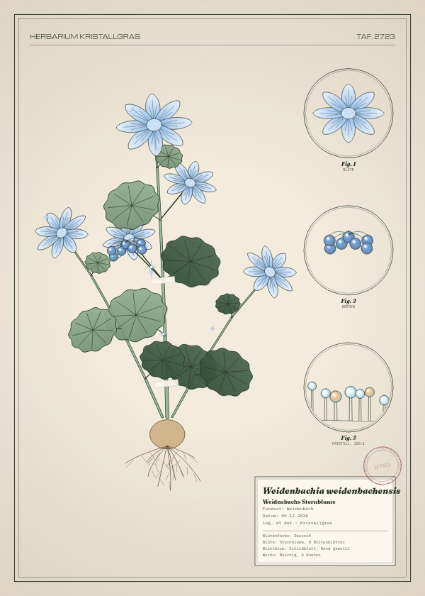 Botanische Tafel: Weidenbachia weidenbachensis, eine erfundene Pflanze aus Weidenbach, gezeichnet wie in einem alten Pflanzenatlas