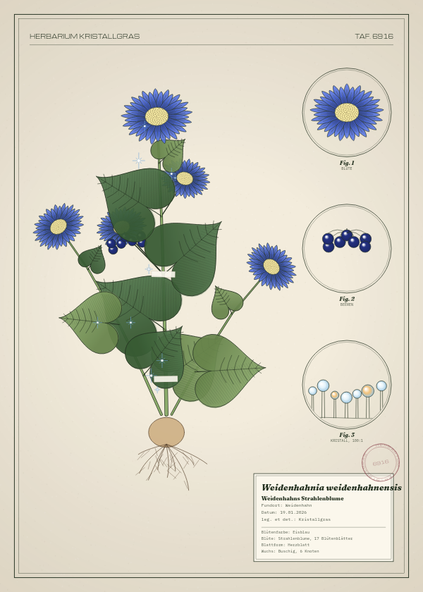Botanische Tafel: Weidenhahnia weidenhahnensis, eine erfundene Pflanze aus Weidenhahn, gezeichnet wie in einem alten Pflanzenatlas