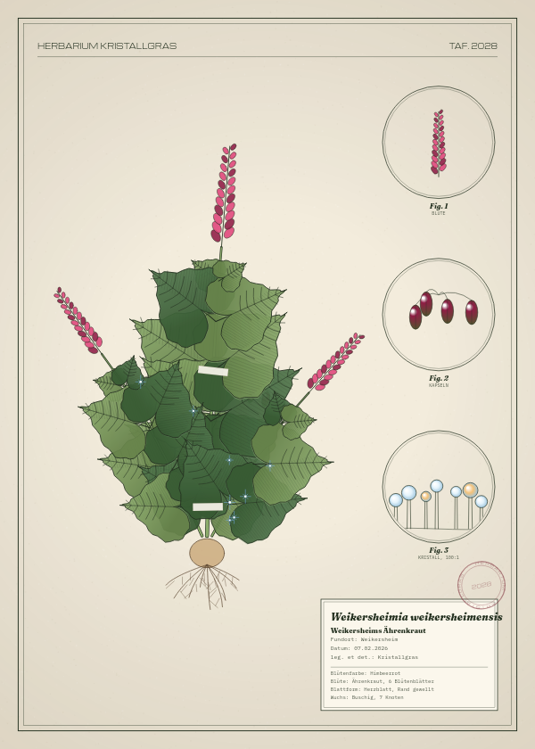 Botanische Tafel: Weikersheimia weikersheimensis, eine erfundene Pflanze aus Weikersheim, gezeichnet wie in einem alten Pflanzenatlas