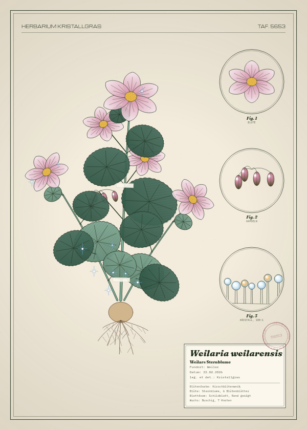 Botanische Tafel: Weilaria weilarensis, eine erfundene Pflanze aus Weilar, gezeichnet wie in einem alten Pflanzenatlas