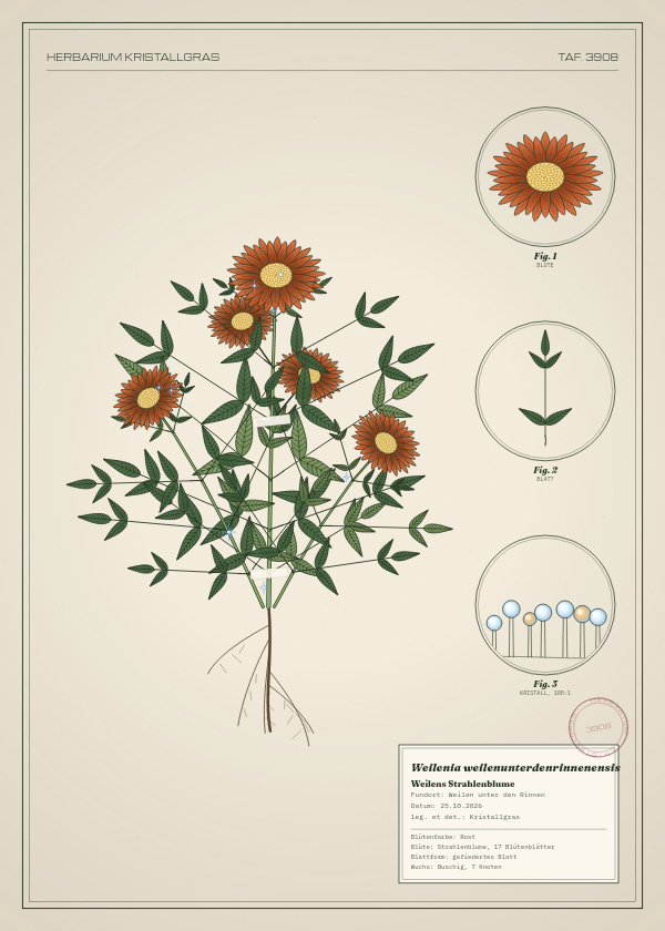 Botanische Tafel: Weilenia weilenunterdenrinnenensis, eine erfundene Pflanze aus Weilen unter den Rinnen, gezeichnet wie in einem alten Pflanzenatlas