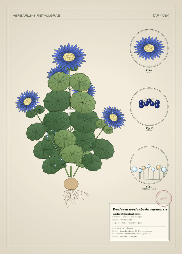 Botanische Tafel: Weileria weilerbeibingenensis, eine erfundene Pflanze aus Weiler bei Bingen, gezeichnet wie in einem alten Pflanzenatlas