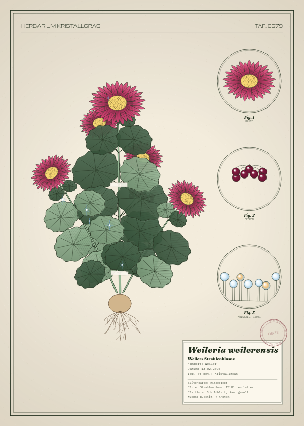 Botanische Tafel: Weileria weilerensis, eine erfundene Pflanze aus Weiler, gezeichnet wie in einem alten Pflanzenatlas
