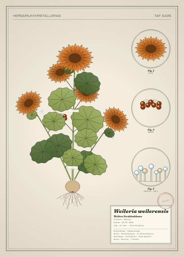 Botanische Tafel: Weileria weilerensis, eine erfundene Pflanze aus Weiler, gezeichnet wie in einem alten Pflanzenatlas