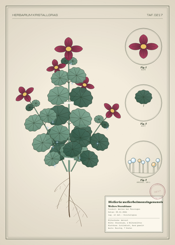Botanische Tafel: Weileria weilerbeimonzingenensis, eine erfundene Pflanze aus Weiler bei Monzingen, gezeichnet wie in einem alten Pflanzenatlas