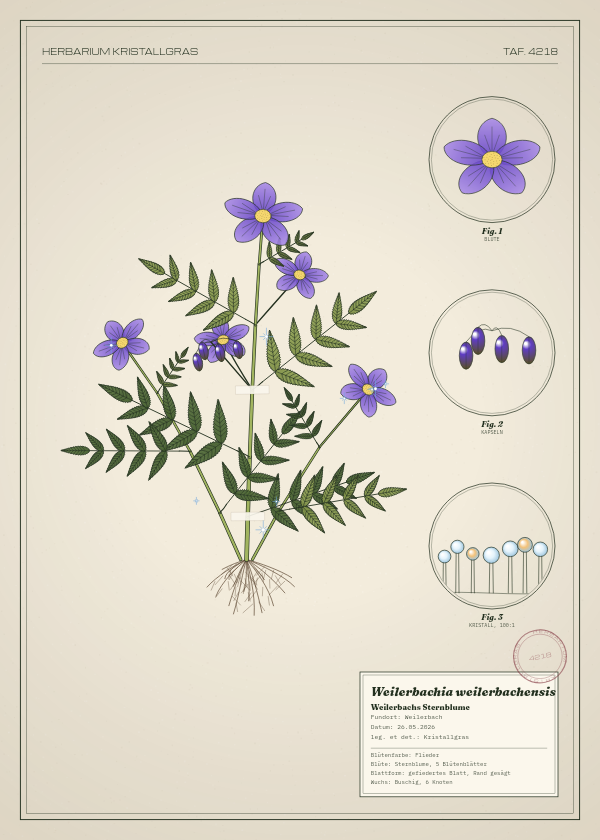 Botanische Tafel: Weilerbachia weilerbachensis, eine erfundene Pflanze aus Weilerbach, gezeichnet wie in einem alten Pflanzenatlas