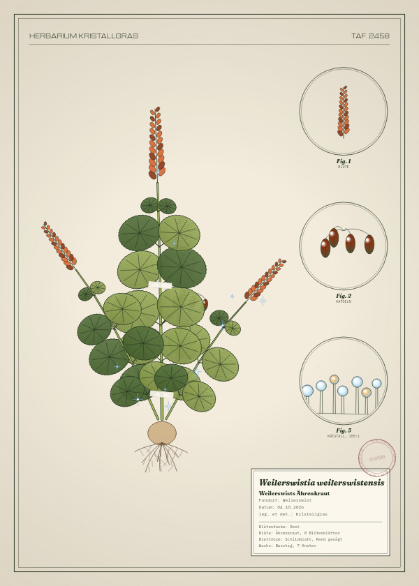 Botanische Tafel: Weilerswistia weilerswistensis, eine erfundene Pflanze aus Weilerswist, gezeichnet wie in einem alten Pflanzenatlas
