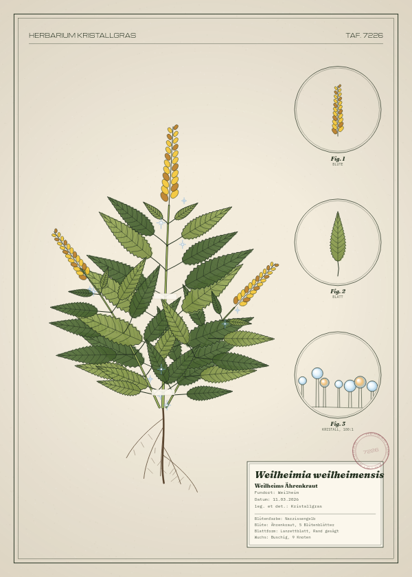 Botanische Tafel: Weilheimia weilheimensis, eine erfundene Pflanze aus Weilheim, gezeichnet wie in einem alten Pflanzenatlas