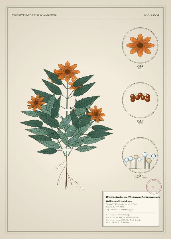 Botanische Tafel: Weilheimia weilheimanderteckensis, eine erfundene Pflanze aus Weilheim an der Teck, gezeichnet wie in einem alten Pflanzenatlas
